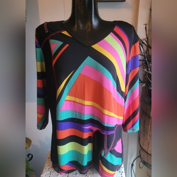 Libra Multi Colored Abstract Print Cropped Sleeve Top 1X - Picture 1 of 7